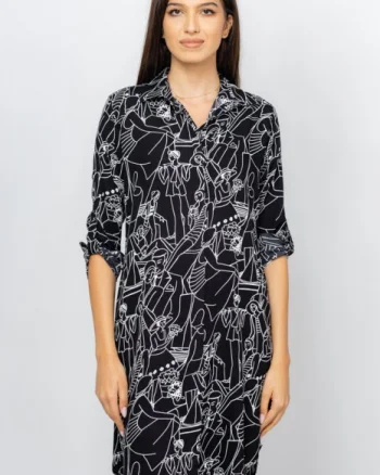 Rochie camasa, neagra, midi, cu imprimeu grafic alb