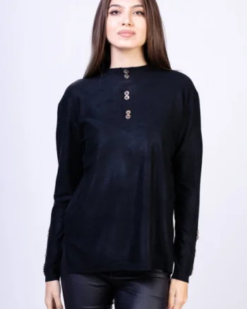 Pulover cu nasturei aurii pe decolteu si la maneci, negru