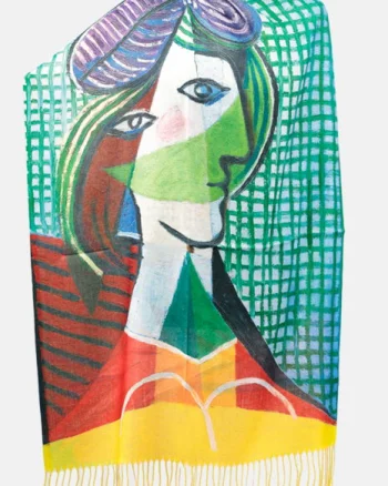 Esarfa cashmere cu fir de lurex, doua fete imprimata cu reproducere suprarealista dupa Picasso