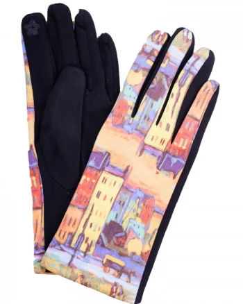 Manusi dama, textil cu imprimeu inspirat dintr-o pictura impresionista cu peisaj cu case