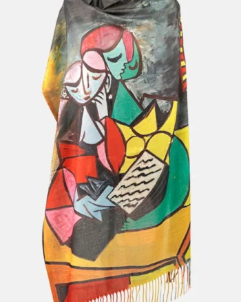 Esarfa cashmere cu doua fete imprimata cu reproducerea   Two girls reading   a lui Picasso
