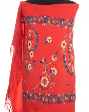 Esarfa cashmere cu model floral brodat pe fond rosu