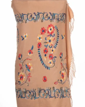 Esarfa cashmere cu model floral brodat pe fond camel