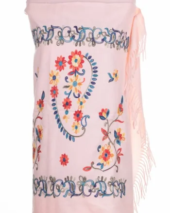 Esarfa cashmere cu model floral brodat pe fond roz deschis