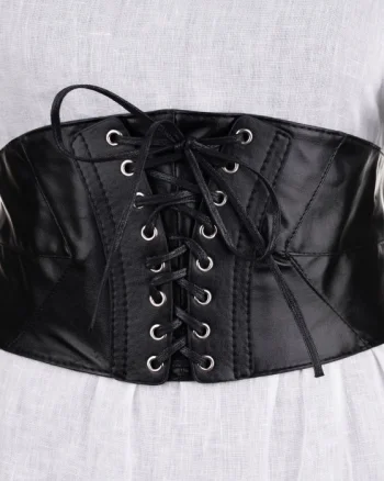 Centura corset lata din piele ecologica cu siret si capse argintii, elastic la spate