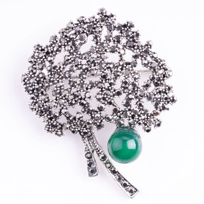 Brosa metalica argintie Pomul Vietii cu pietricele mici argintii si agata verde