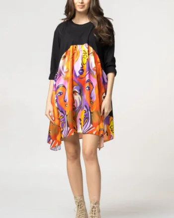 Rochie trendy cu imprimeu chipuri predominant portocaliu, din bumbac