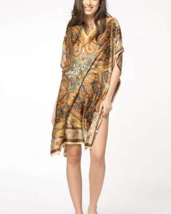 Rochie de plaja tip poncho din matase cu motive orientale pe fond bej