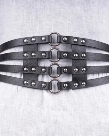 Centura neagra lata din piele ecologica cu tinte si cercuri metalice