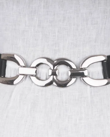 Curea flexibila cu decoratiune metalica argintie cu material elastic negru la spate