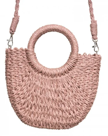 Geanta mica impletita crossbody, circulara cu manere rotunde, roz prafuit