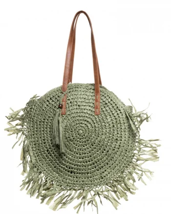 Geanta shopper circulara mare impletita, cu franjuri mari decorativi, verde prafuit