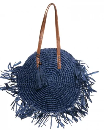 Geanta shopper circulara mare impletita, cu franjuri mari decorativi, bleumarin