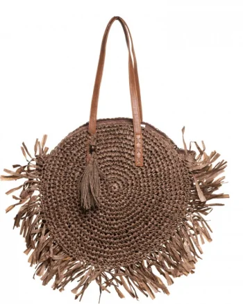 Geanta shopper circulara mare impletita, cu franjuri mari decorativi, maro