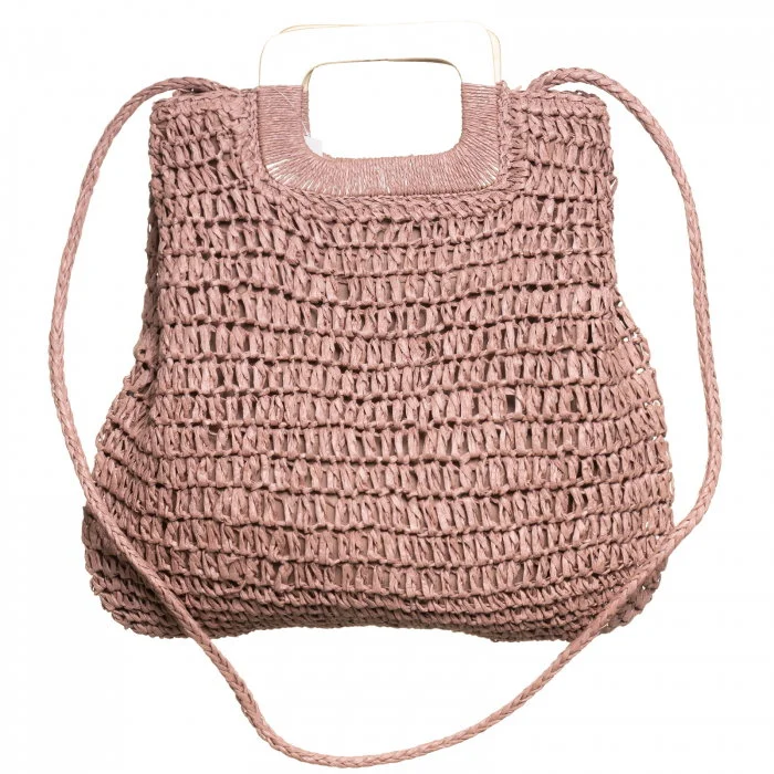 Geanta impletita crossbody, cu manere late din lemn, roz prafuit