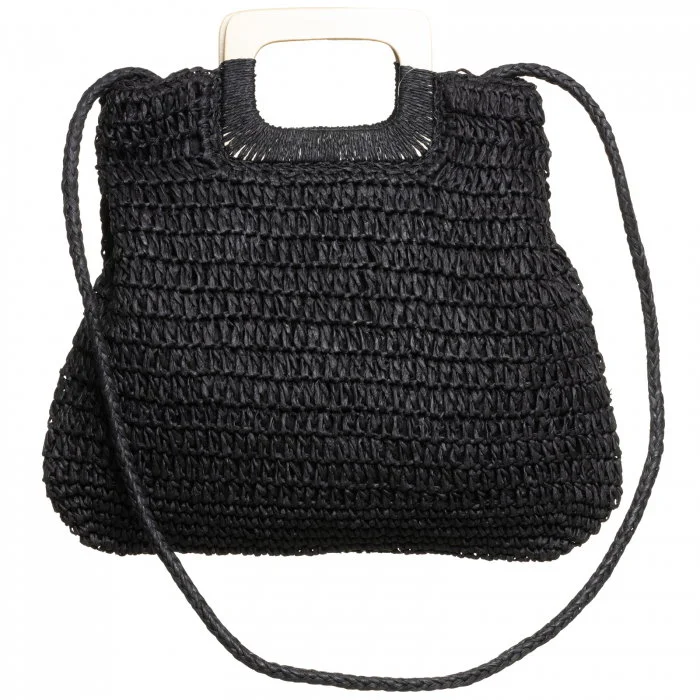 Geanta impletita crossbody, cu manere late din lemn, neagra