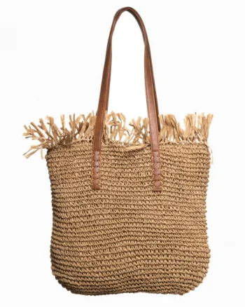 Geanta shopper impletita cu manere din piele ecologica si franjuri decorativi in partea de sus, bej inchis