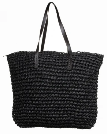 Geanta shopper impletita cu ochiuri mari si manere din piele ecologica, neagra
