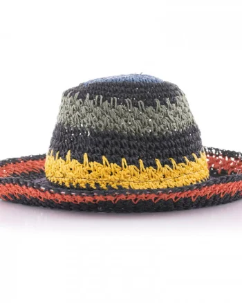 Palarie de paie impletita cu dungi multicolore pe fond negru