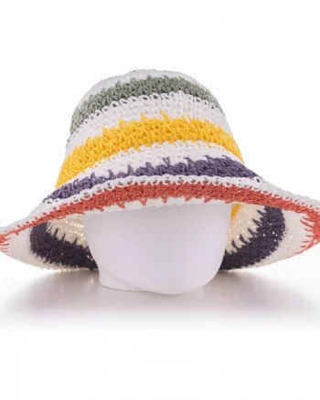 Palarie de paie impletita cu dungi multicolore pe fond alb