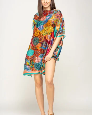 Rochie de plaja tip poncho din matase imprimat cu mandale multicolore cu turcoaz si corai pe margine