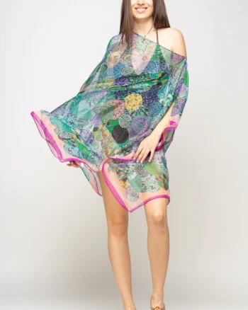 Rochie de plaja tip poncho de plaja cu mandale multicolore si margine mov cu roz, matase si vascoza