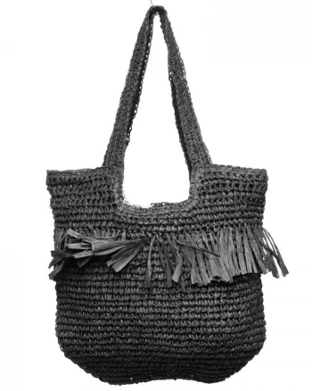 Geanta shopper impletita cu manere late si franjuri, neagra