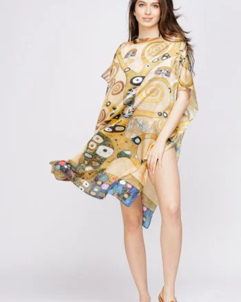 Rochie de plaja tip poncho din matase cu reproducere dupa    Pomul Vietii    - Gustav Klimt