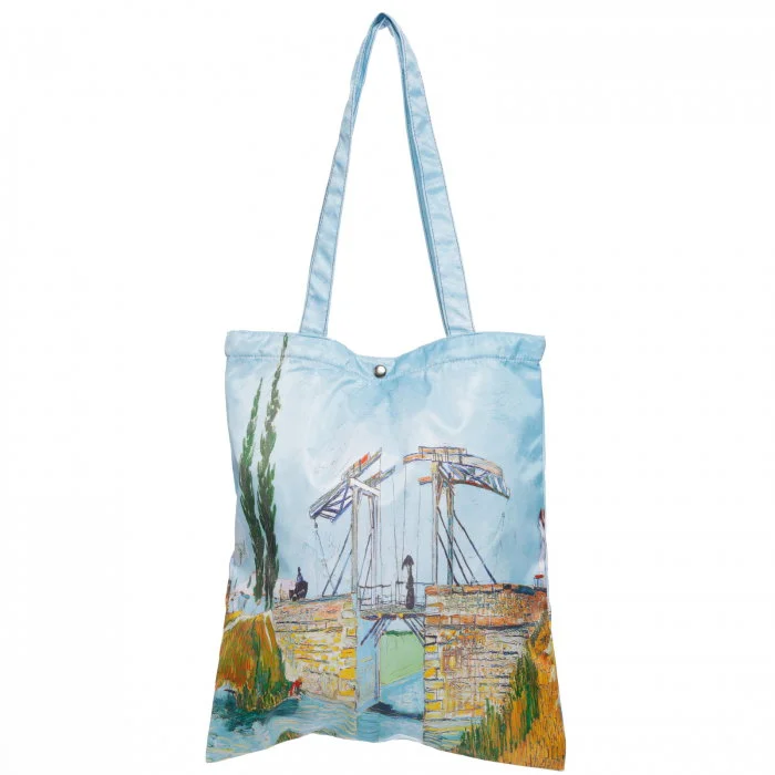 Geanta shopper din material textil satinat, cu imprimeu inspirat din o pictura cu pod