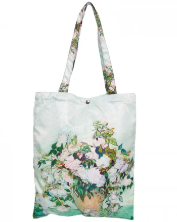Geanta shopper din material textil satinat, cu reproducere dupa    Vaza cu trandafiri albi   de Van Gogh