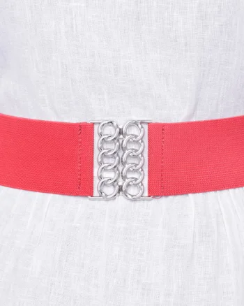 Curea rosie de 6 cm, din material elastic cu catarama argintie in forma de opturi