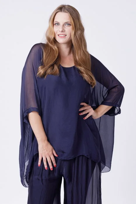 Bluza din matase si vascoza in colturi, bleumarin