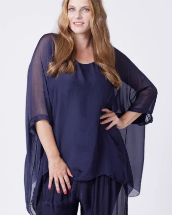 Bluza din matase si vascoza in colturi, bleumarin