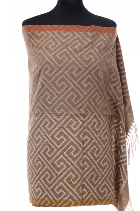 Esarfa casmir unisex cu imprimeu geometric pe fond capucino