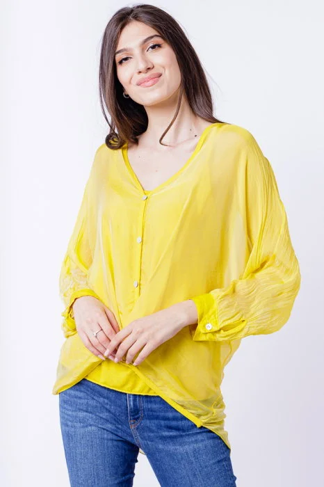 Bluza tip camasa, cu fald, din matase si vascoza galbena, cu dublura