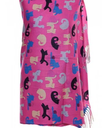 Esarfa casmir cu imprimeu pisicute jucause pe fond fucsia