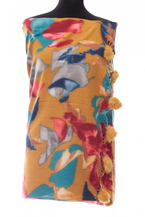 Esarfa din casmir cu ciucuri din blanita naturala, multicolor pe fond mustar