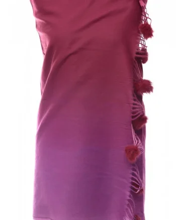 Esarfa din casmir cu fata dubla si ciucuri din blanita naturala, degrade bordo - fucsia