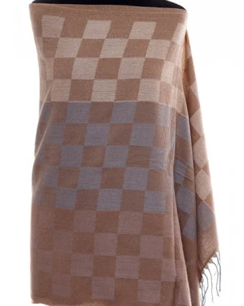 Esarfa casmir unisex cu imprimeu tabla de sah pe fond bej