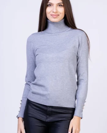Helanca pulover cu guler inalt si nasturei pe maneca, cu cashmere, gri