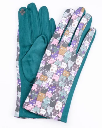 Manusi dama imprimeu pisici cu ochi mari pe fond verde samarald, material catifelat