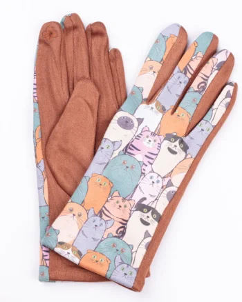 Manusi dama imprimeu pisici grasute pe fond camel, material catifelat