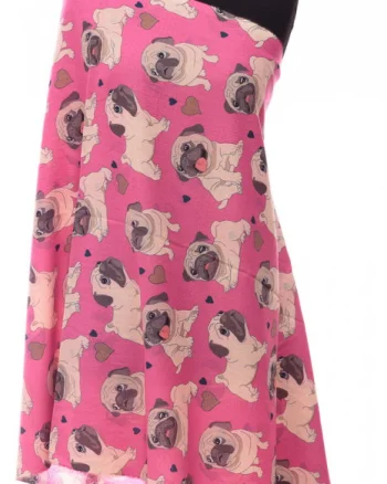 Esarfa casmir cu imprimeu catei pug pe fond fucsia