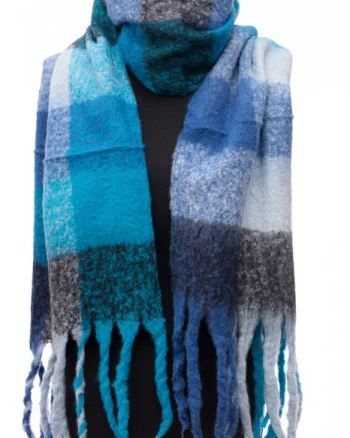 Fular cu imprimeu patrate colorate in nuante de turcoaz, albastru si bleu