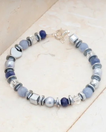 Bratara argint cu jad vopsit, perle, cuart de stanca, agate si hematit
