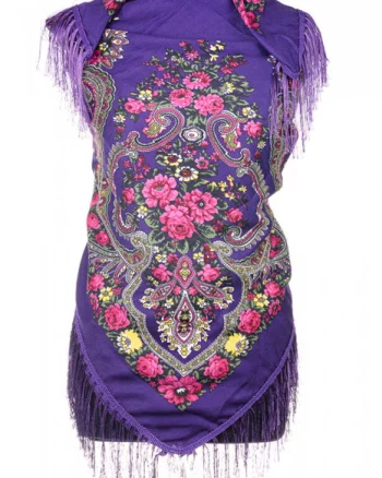 Esarfa gipsy patrata mare, tip Pavlovo Posad cu imprimeu floral traditional pe fond mov