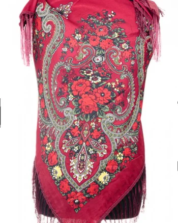 Esarfa gipsy patrata mare, tip Pavlovo Posad cu imprimeu floral traditional pe fond bordo