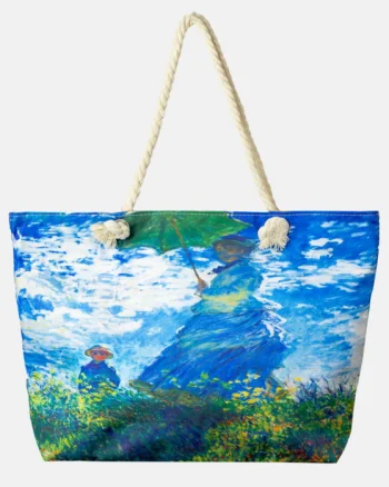 Geanta de plaja din material textil, cu reproducere dupa Claude Monet    Femeia cu umberala de soare