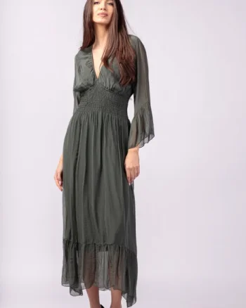 Rochie kaki din matase si vascoza cu banda elastica in talie si volane