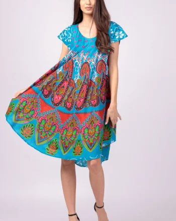 Rochie midi A-line cu imprimeu paisley, pe fond turcoaz